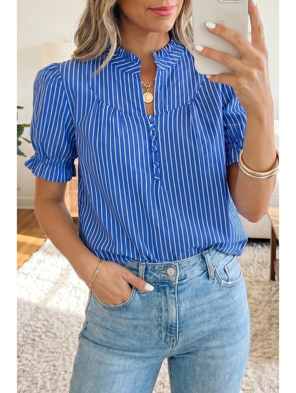 Blue and White Striped Puff Sleeve Blouse with Button Front